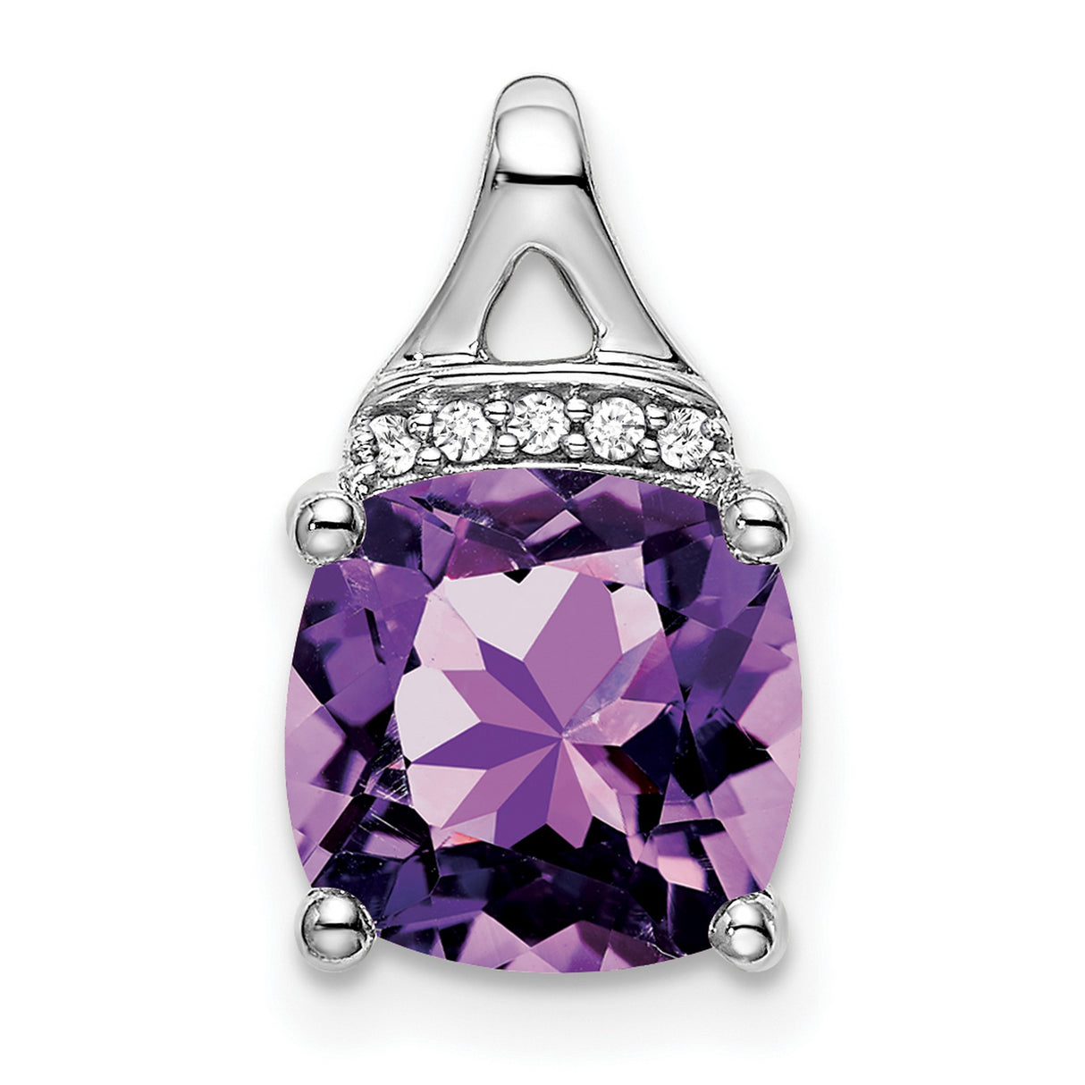 14k White Gold Amethyst and Diamond Pendant, Cushion Cut Purple Gemstone Necklace for Women
