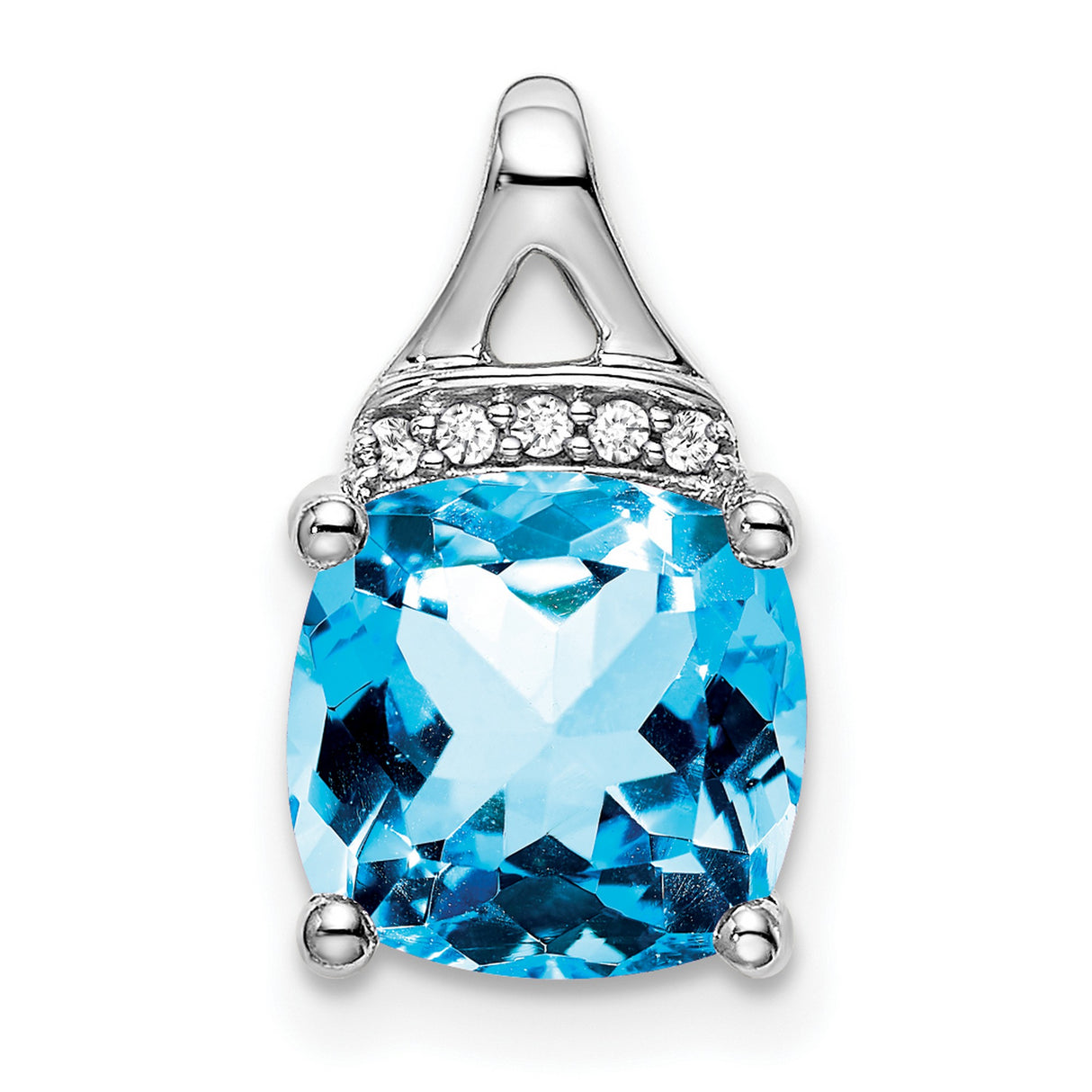 14k White Gold Pendant with Cushion Cut Swiss Blue Topaz and Diamonds, Modern Minimalist Style
