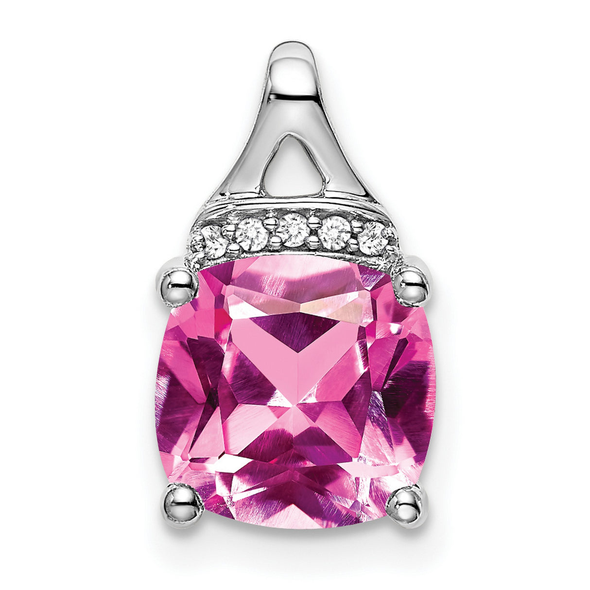 14k White Gold Pendant with Cushion Cut Lab Created Pink Sapphire and Diamond Accents