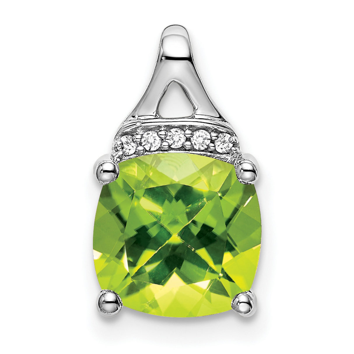 14k White Gold Pendant with Cushion Cut Peridot and Diamond Accents, Modern Design