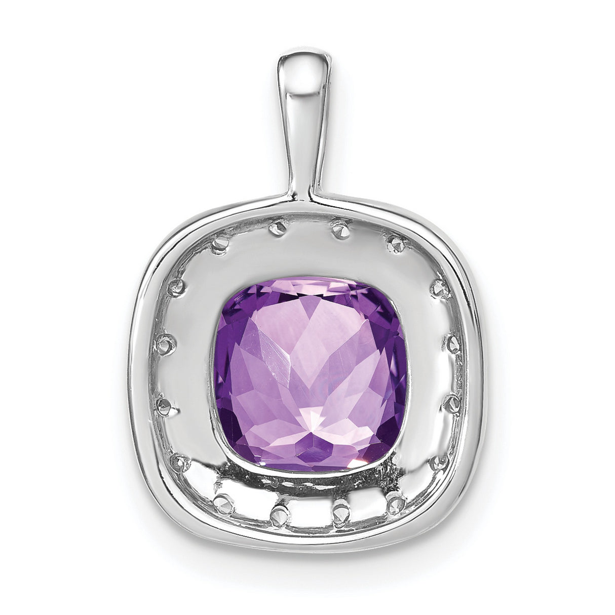 14k White Gold Pendant with Cushion Cut Amethyst and Diamond Halo