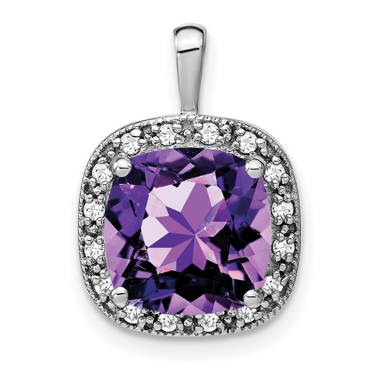 14k White Gold Pendant with Cushion Cut Amethyst and Diamond Halo