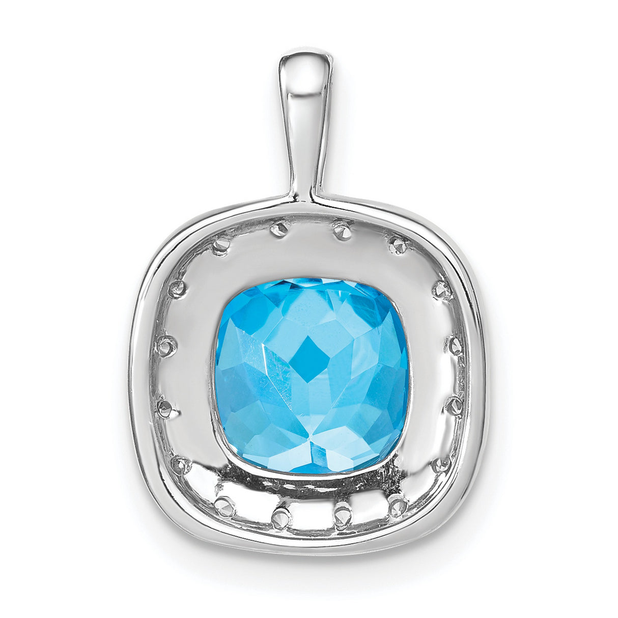14k White Gold Blue Topaz Pendant with Diamond Halo, Cushion Cut Gemstone Jewelry