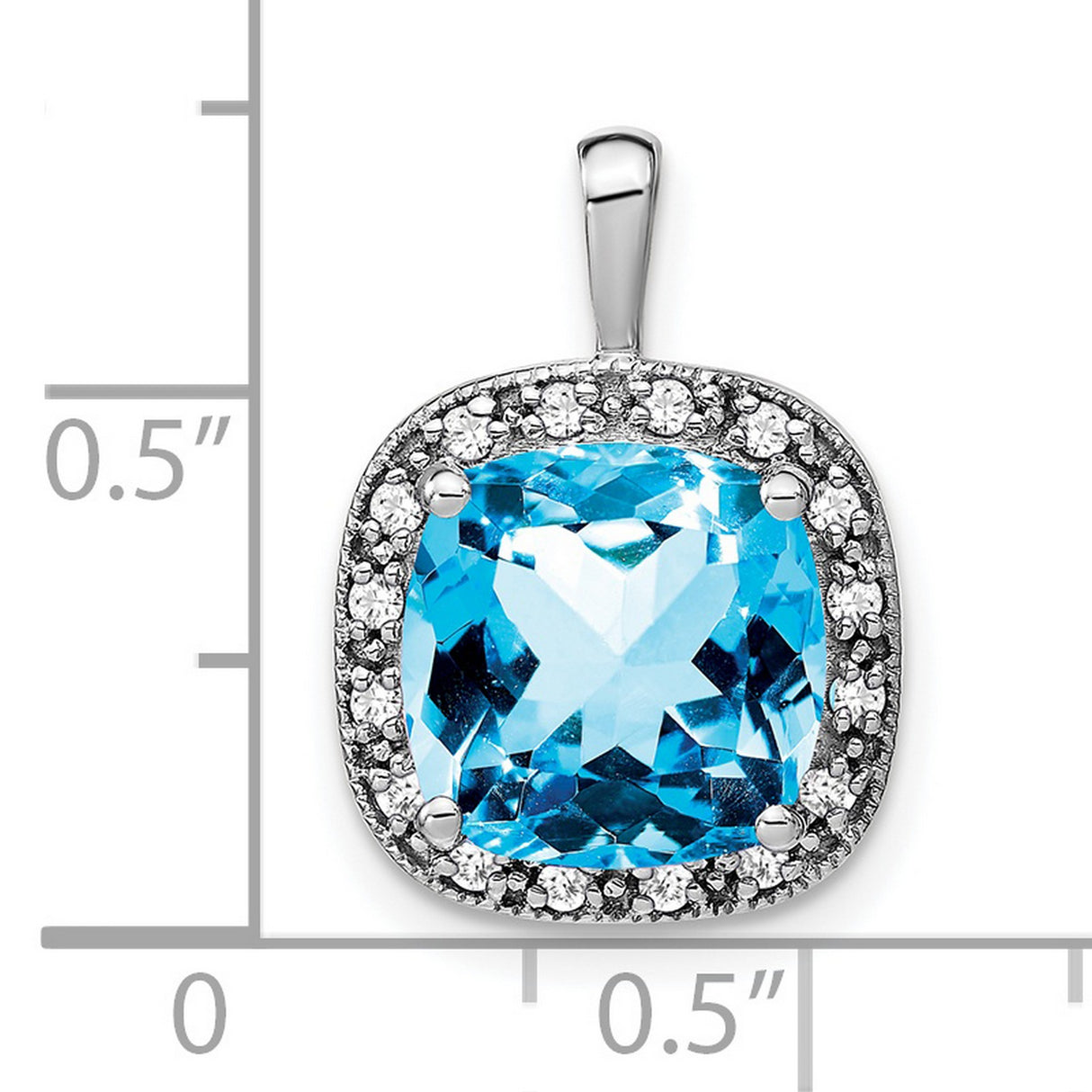 14k White Gold Blue Topaz Pendant with Diamond Halo, Cushion Cut Gemstone Jewelry
