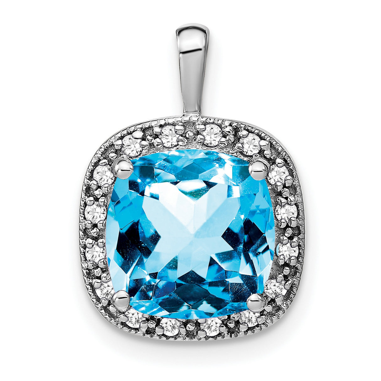 14k White Gold Blue Topaz Pendant with Diamond Halo, Cushion Cut Gemstone Jewelry
