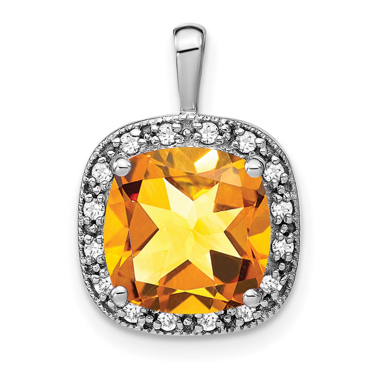 14k White Gold Pendant with Cushion Cut Citrine and Diamond Halo Design