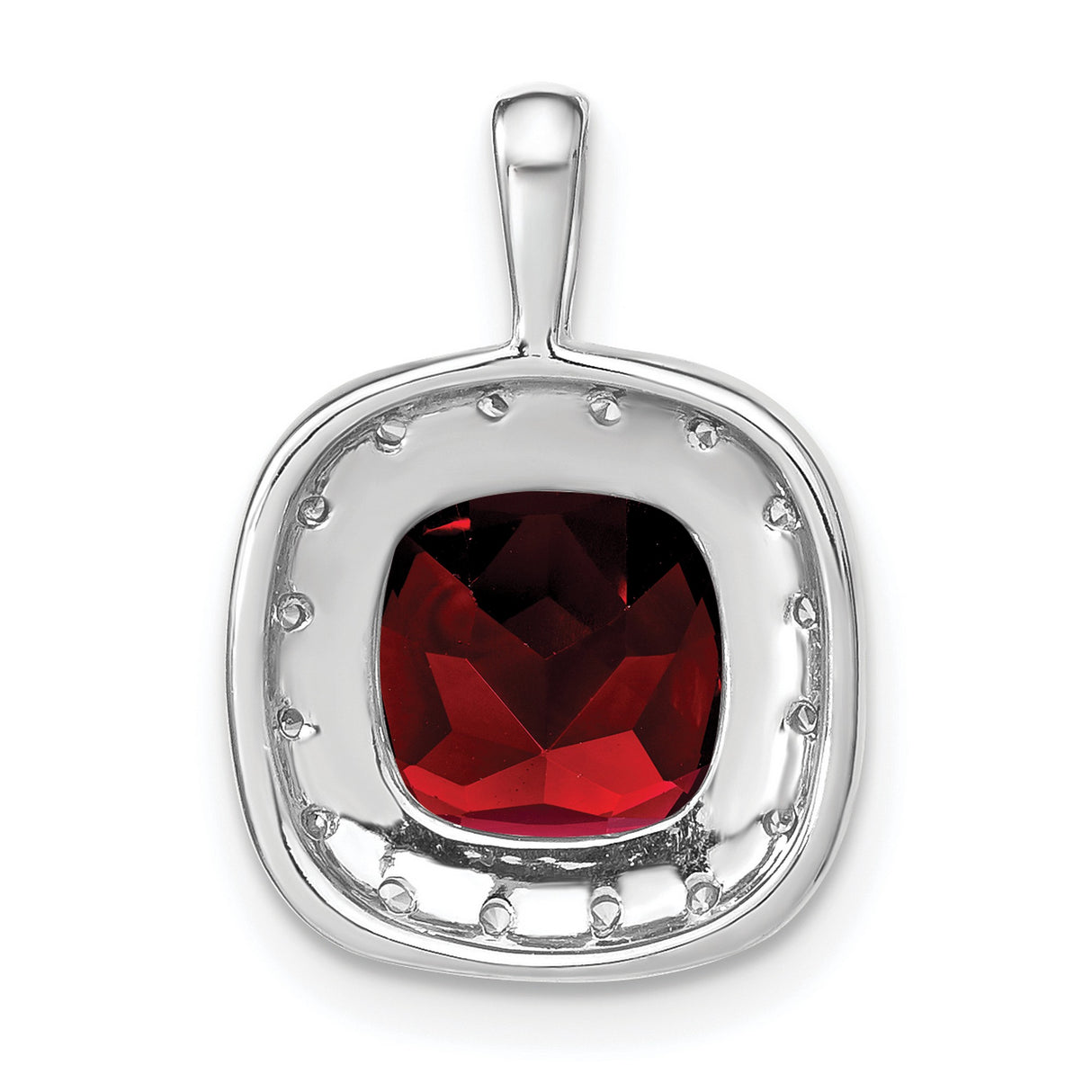 14k White Gold Pendant with Cushion Cut Garnet and Diamond Halo Accent