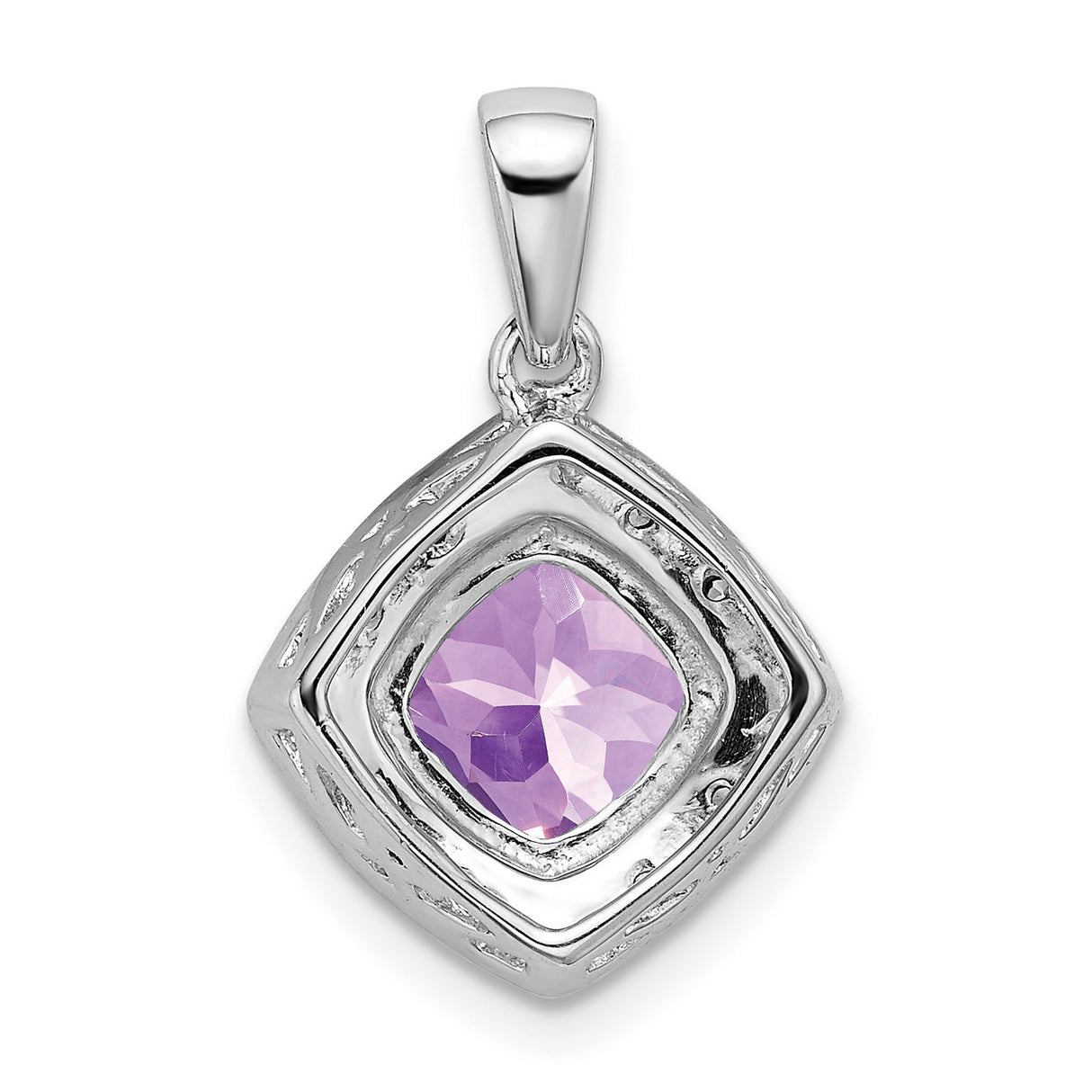 14k White Gold Pendant with Cushion Cut Amethyst and Diamond Halo for Women