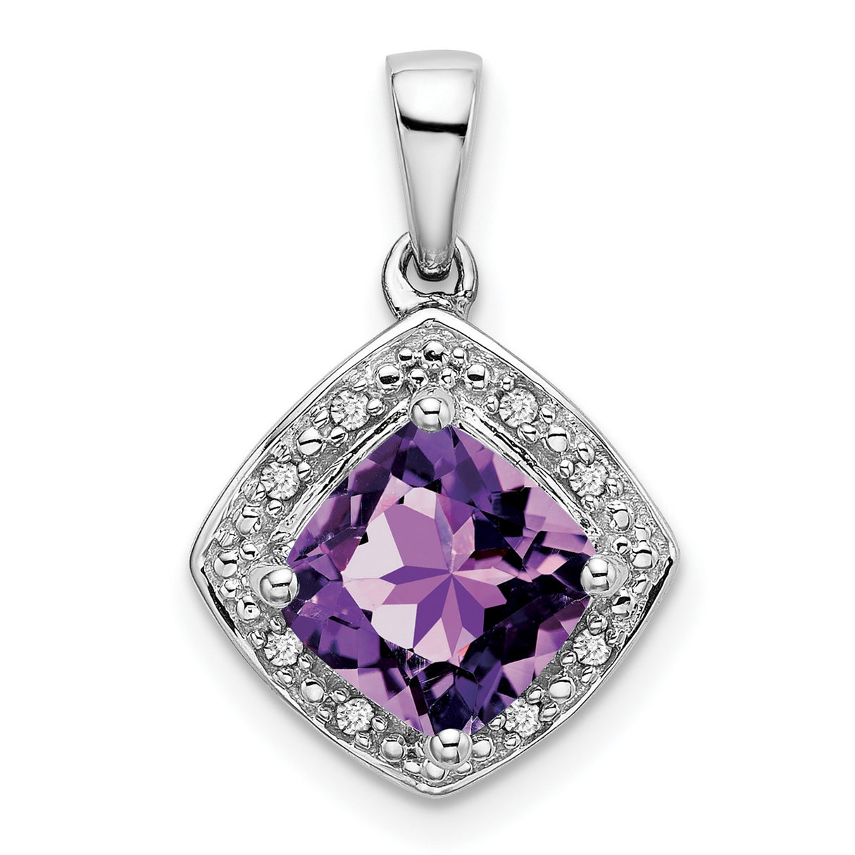 14k White Gold Pendant with Cushion Cut Amethyst and Diamond Halo for Women