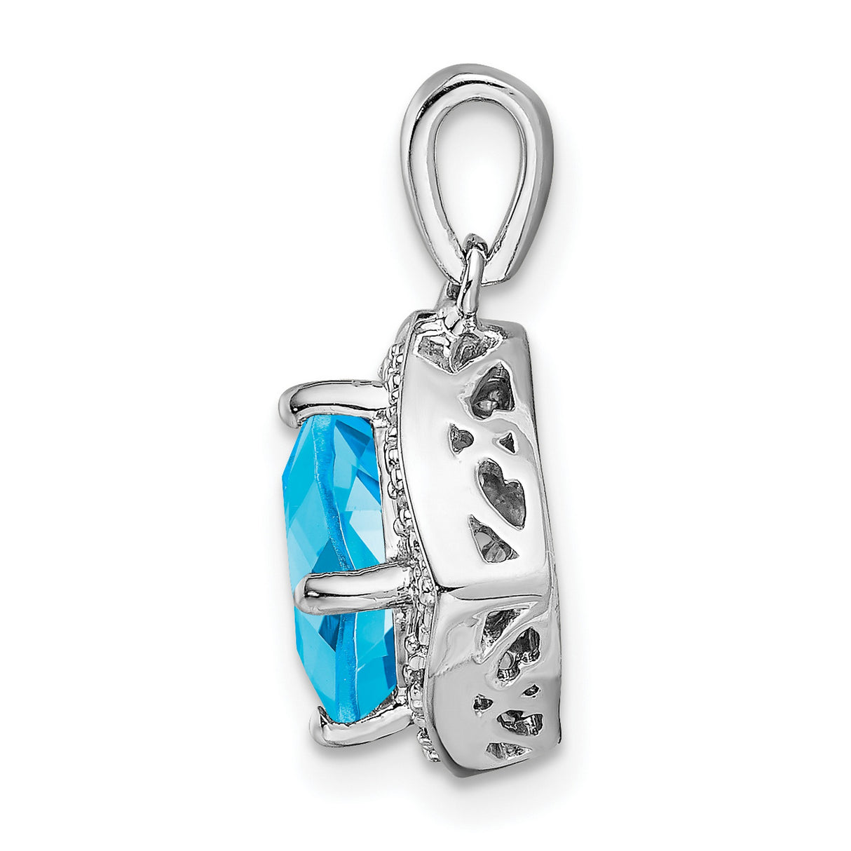 14k White Gold Pendant with Cushion Cut Swiss Blue Topaz and Diamond Halo