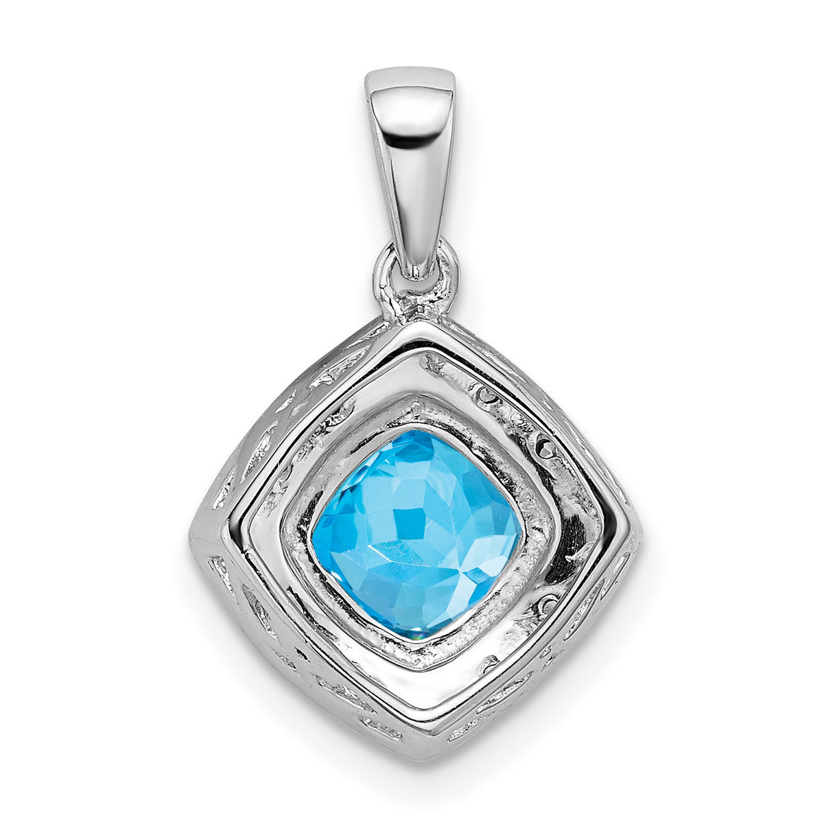 14k White Gold Pendant with Cushion Cut Swiss Blue Topaz and Diamond Halo