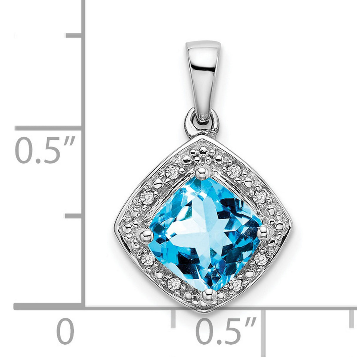 14k White Gold Pendant with Cushion Cut Swiss Blue Topaz and Diamond Halo