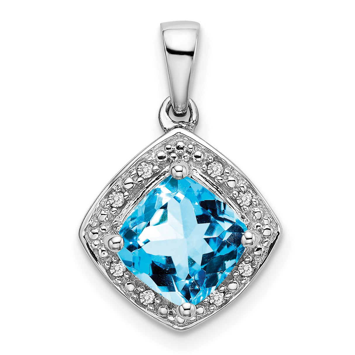 14k White Gold Pendant with Cushion Cut Swiss Blue Topaz and Diamond Halo