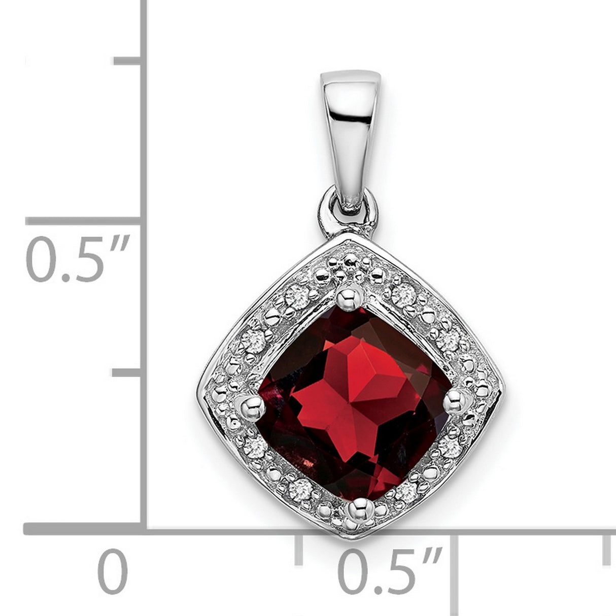 Cushion Garnet and Diamond Charm Pendant in Real 14k White Gold