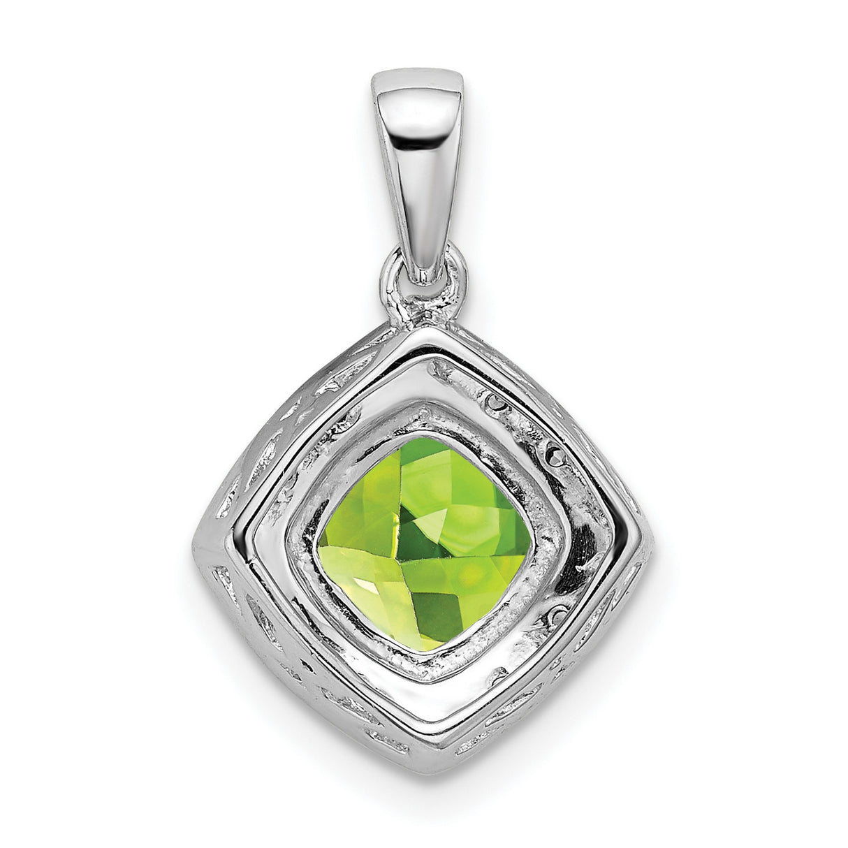14k White Gold Pendant with Cushion Cut Peridot and Diamond Halo, August Birthstone Jewelry