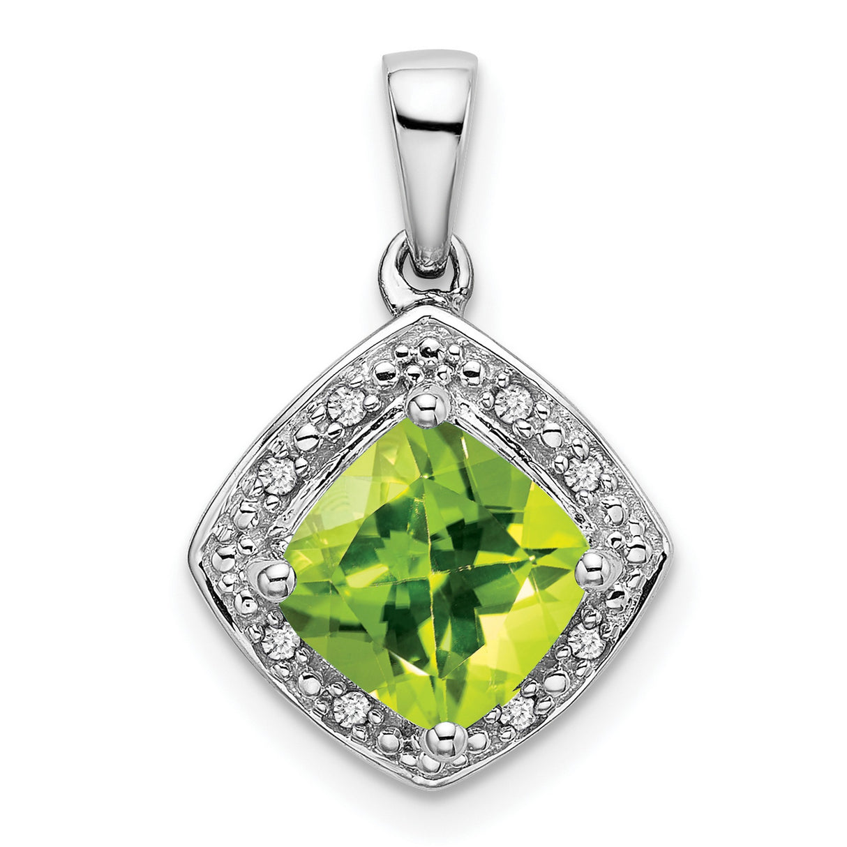 14k White Gold Pendant with Cushion Cut Peridot and Diamond Halo, August Birthstone Jewelry