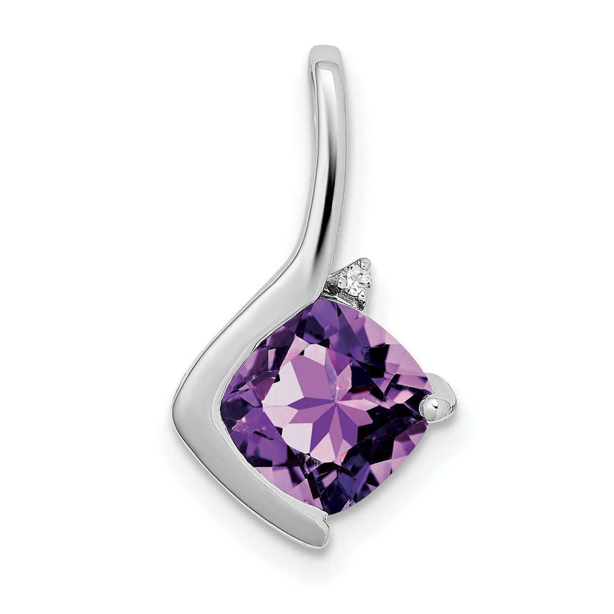 14k White Gold Pendant with Cushion Cut Amethyst and Diamond Accent, Modern Curved Design