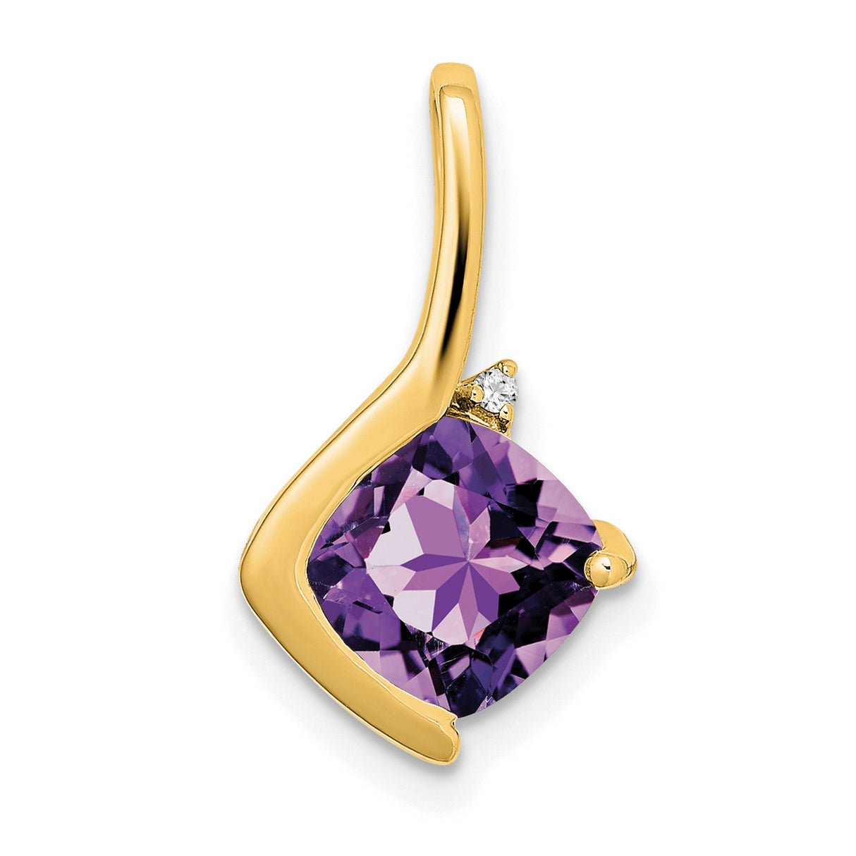 14k Yellow Gold Pendant with Cushion Cut Amethyst and Diamond Accent, Modern Abstract Design