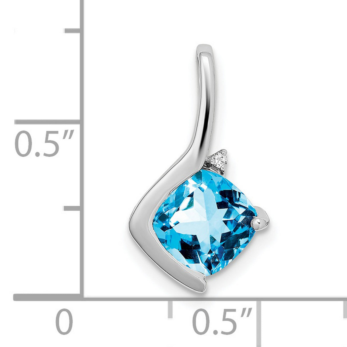 14k White Gold Pendant with Cushion Cut Swiss Blue Topaz and Diamond Accent, Asymmetrical Design