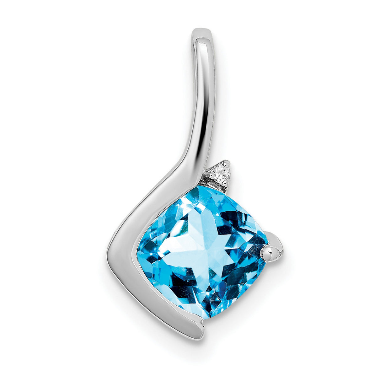 14k White Gold Pendant with Cushion Cut Swiss Blue Topaz and Diamond Accent, Asymmetrical Design