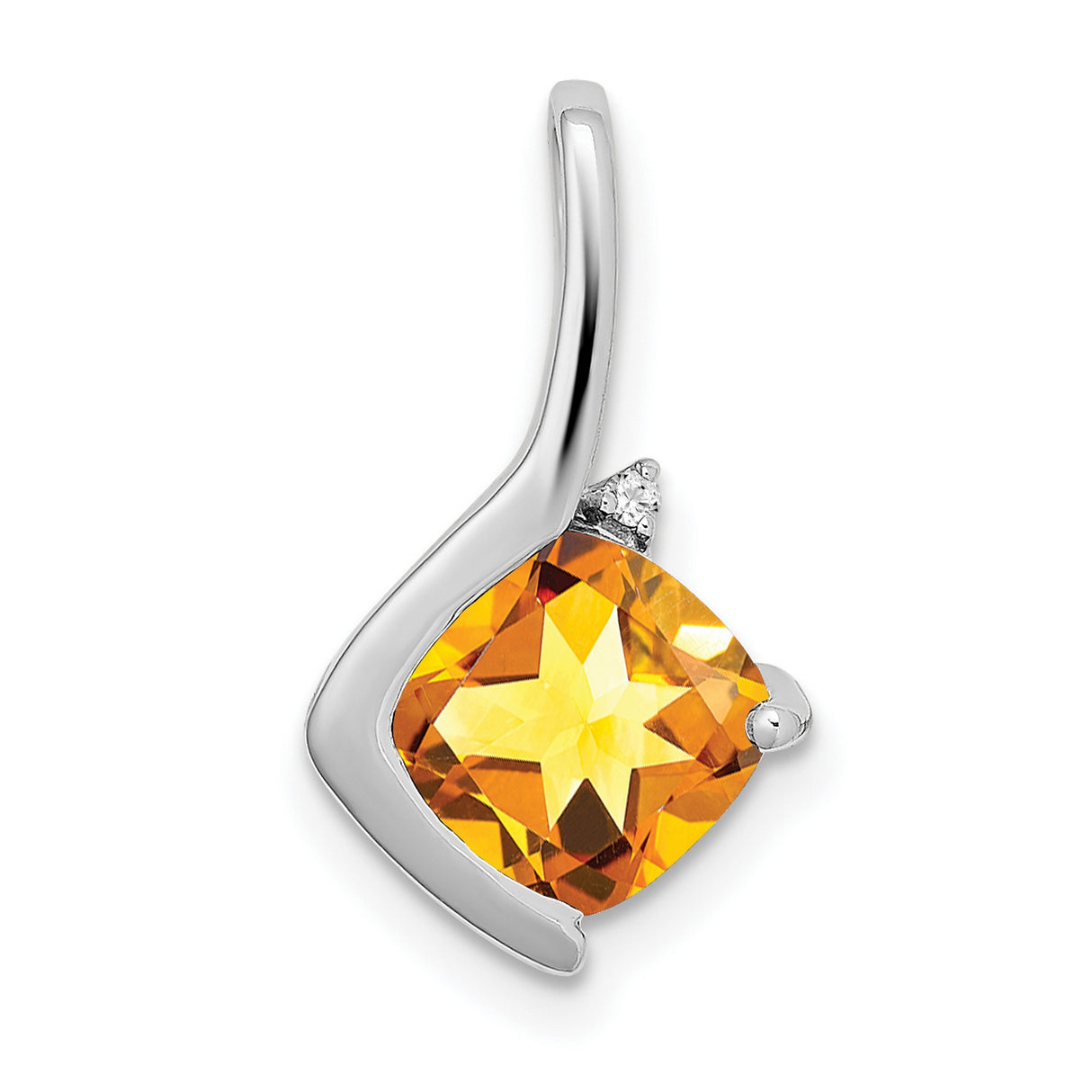 14k White Gold Citrine Pendant with Diamond Accent, Cushion Cut Starburst Charm
