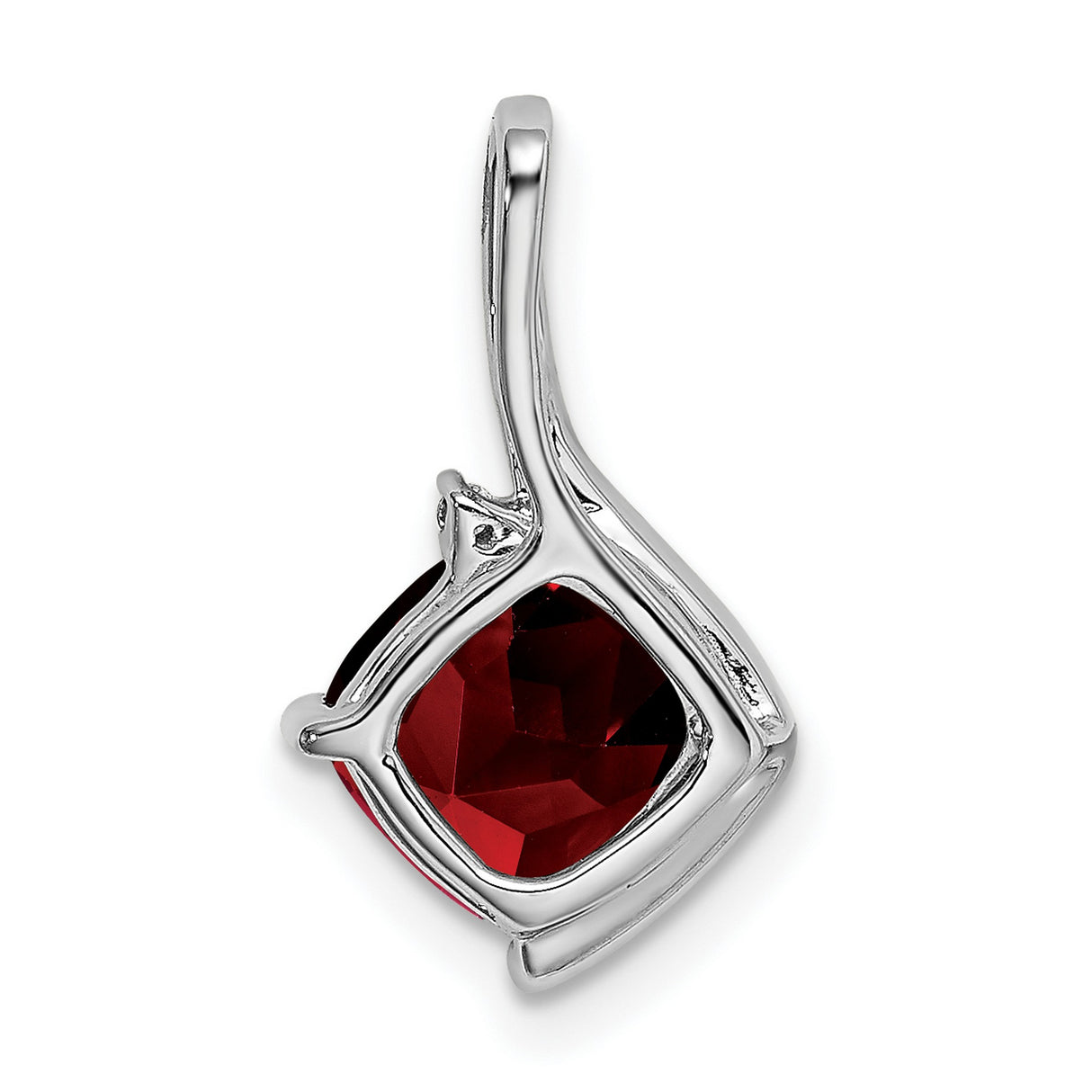 14k White Gold Pendant with Cushion Cut Garnet and Diamond, Modern Curved Design
