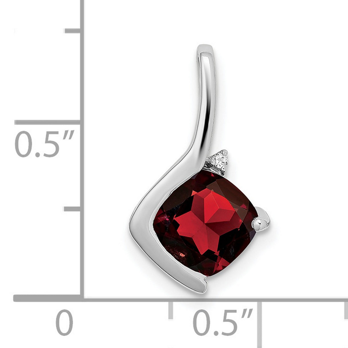 14k White Gold Pendant with Cushion Cut Garnet and Diamond, Modern Curved Design