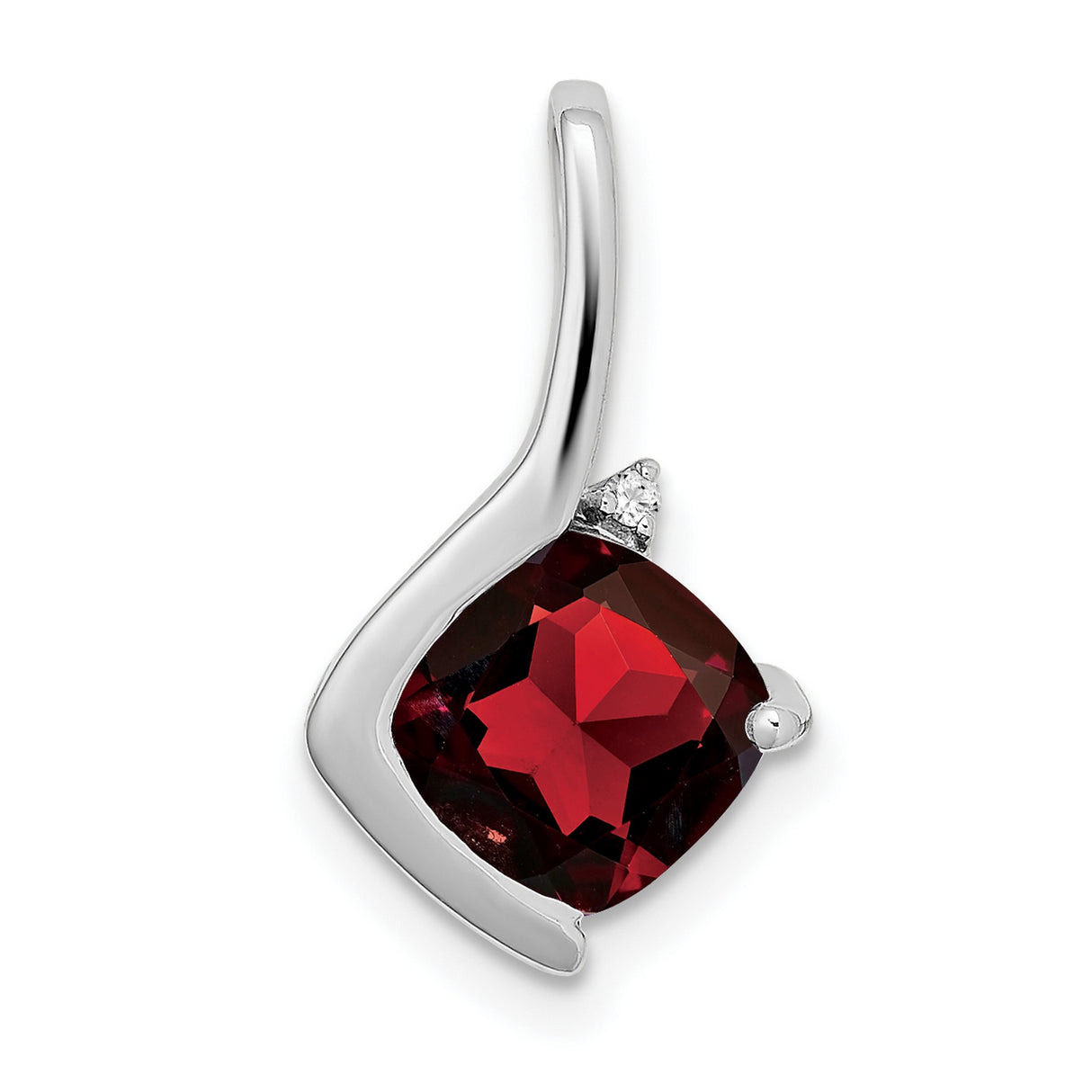 14k White Gold Pendant with Cushion Cut Garnet and Diamond, Modern Curved Design