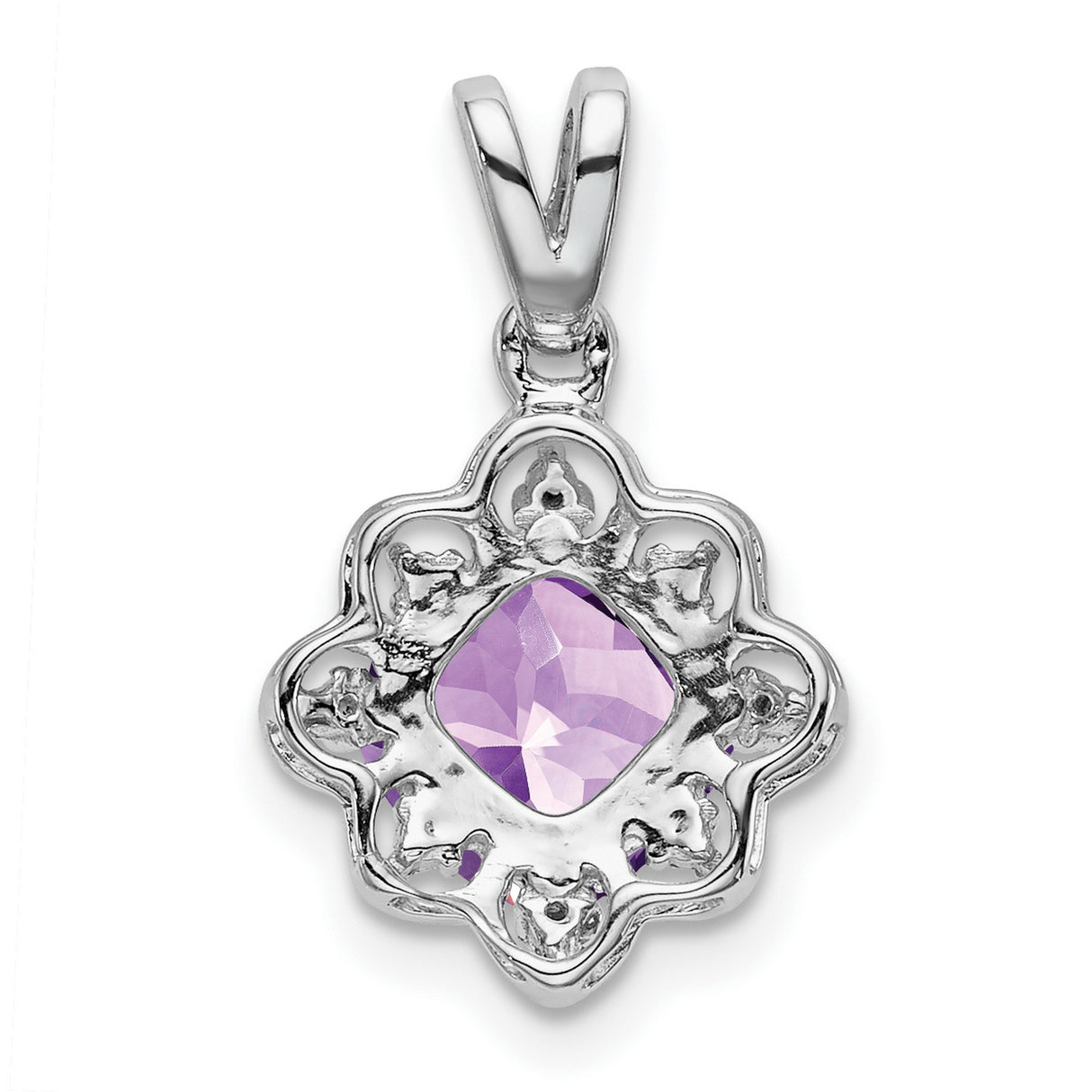 14k White Gold Pendant with Cushion-Cut Amethyst, Diamond Accents, Vintage Floral Filigree Design