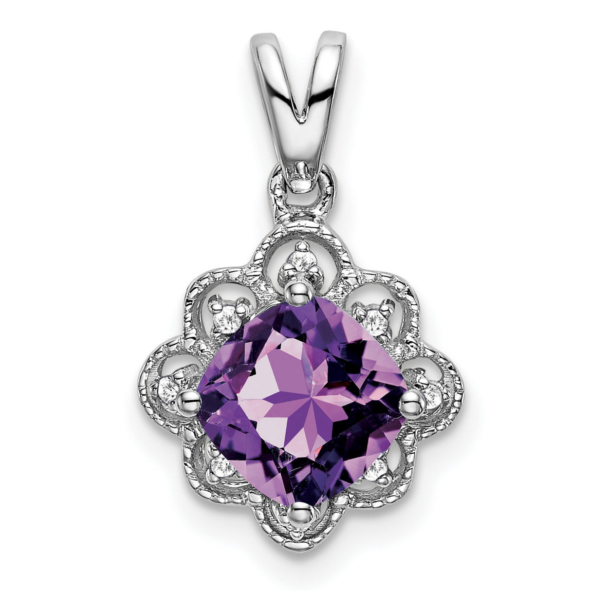 14k White Gold Pendant with Cushion-Cut Amethyst, Diamond Accents, Vintage Floral Filigree Design