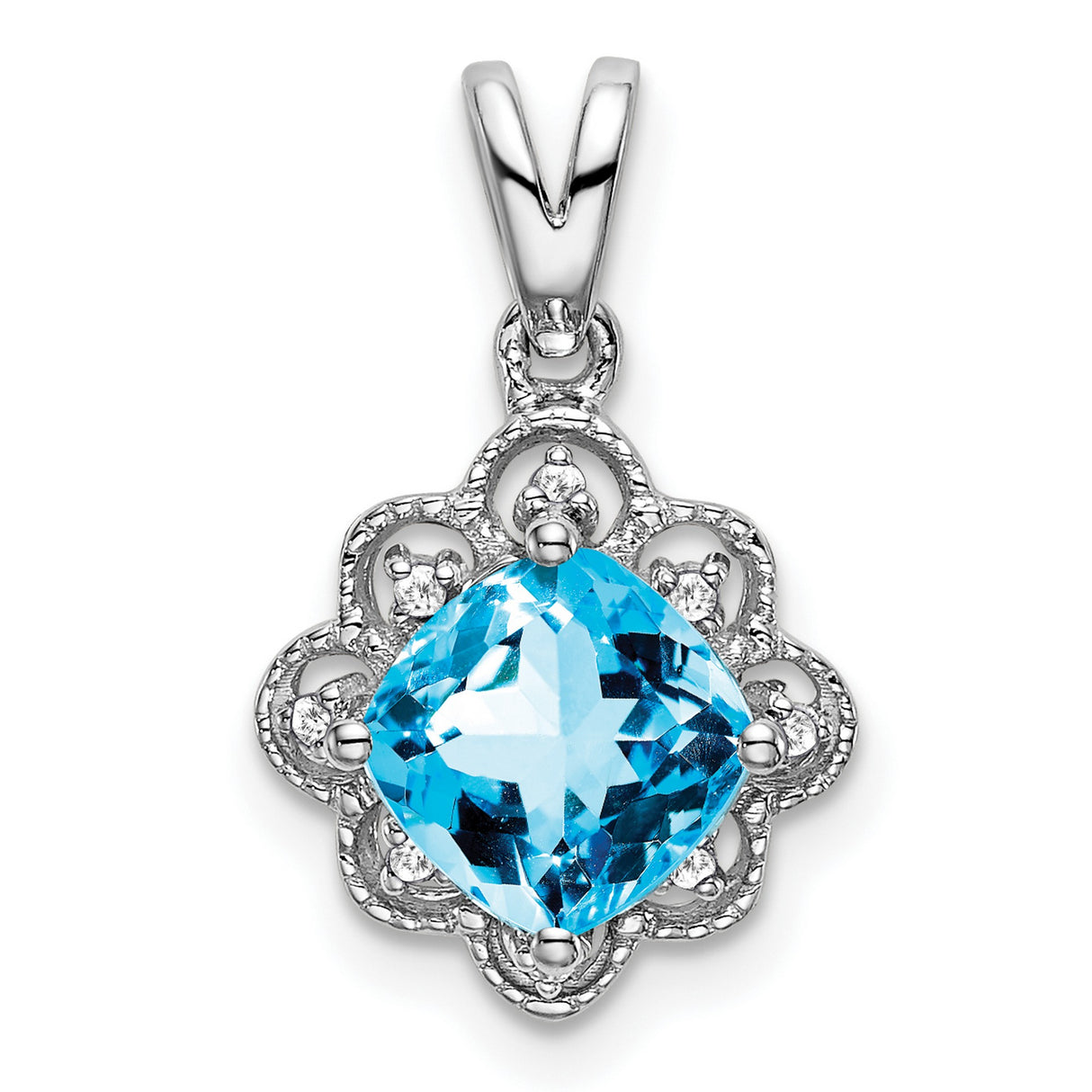 14k White Gold Pendant with Swiss Blue Topaz and Diamond, Filigree Floral Design