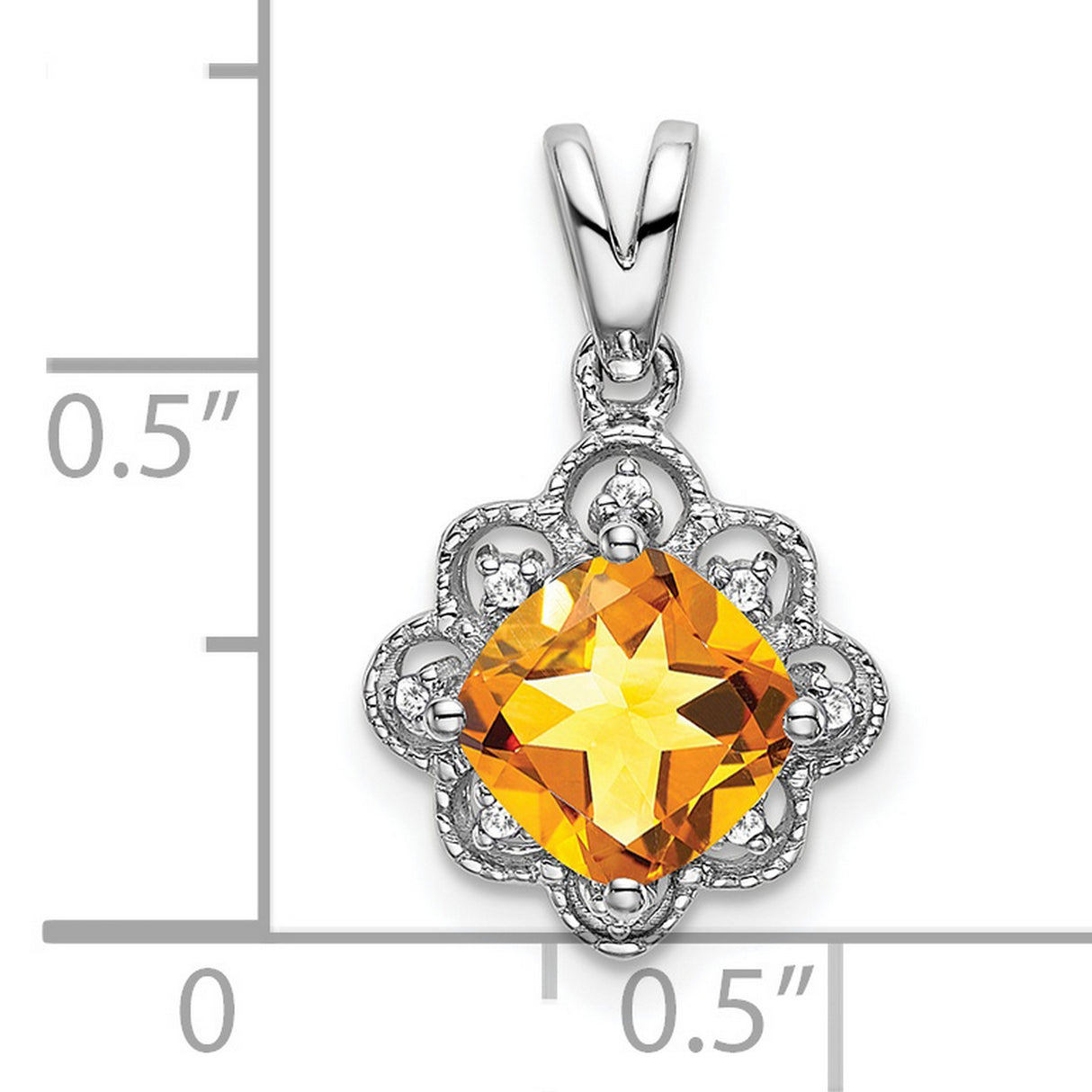 14k White Gold Pendant with Cushion Cut Citrine and Diamond, Vintage Floral Filigree Design