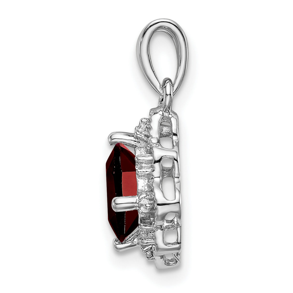 14k White Gold Filigree Pendant with Cushion Cut Garnet and Diamond Accents