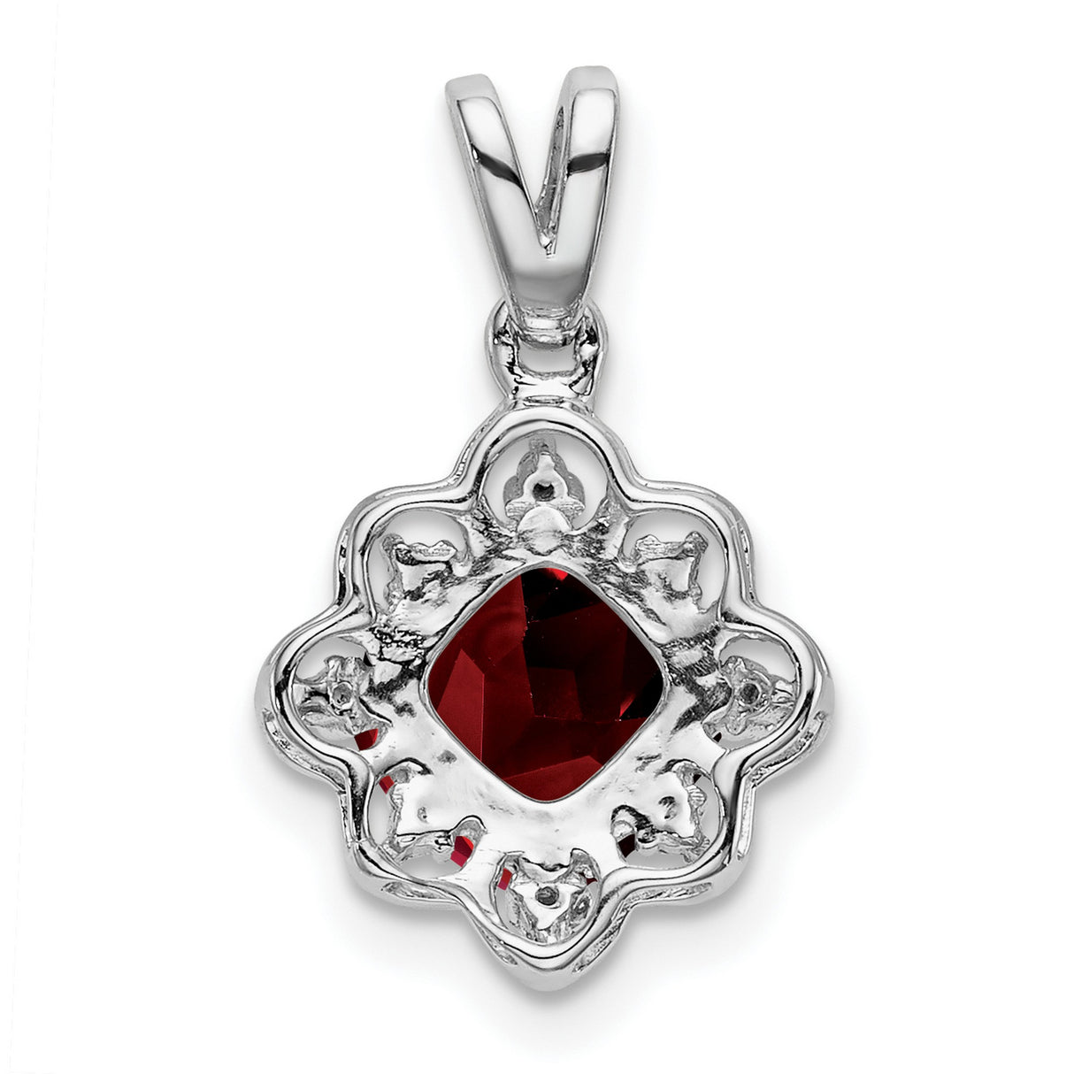 14k White Gold Filigree Pendant with Cushion Cut Garnet and Diamond Accents