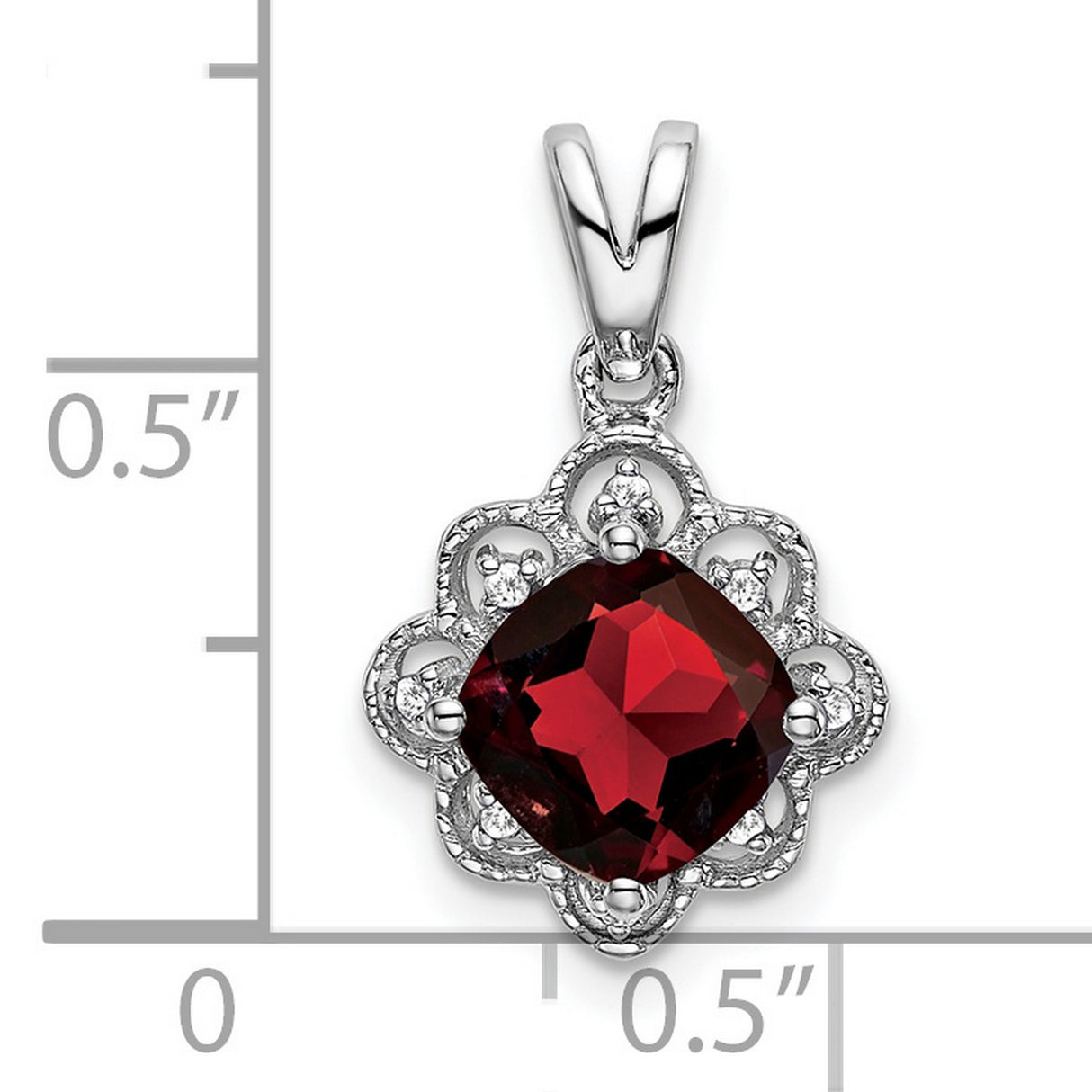 14k White Gold Filigree Pendant with Cushion Cut Garnet and Diamond Accents