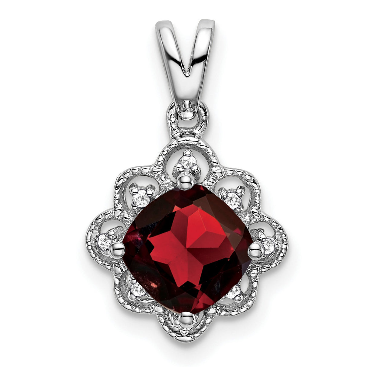 14k White Gold Filigree Pendant with Cushion Cut Garnet and Diamond Accents