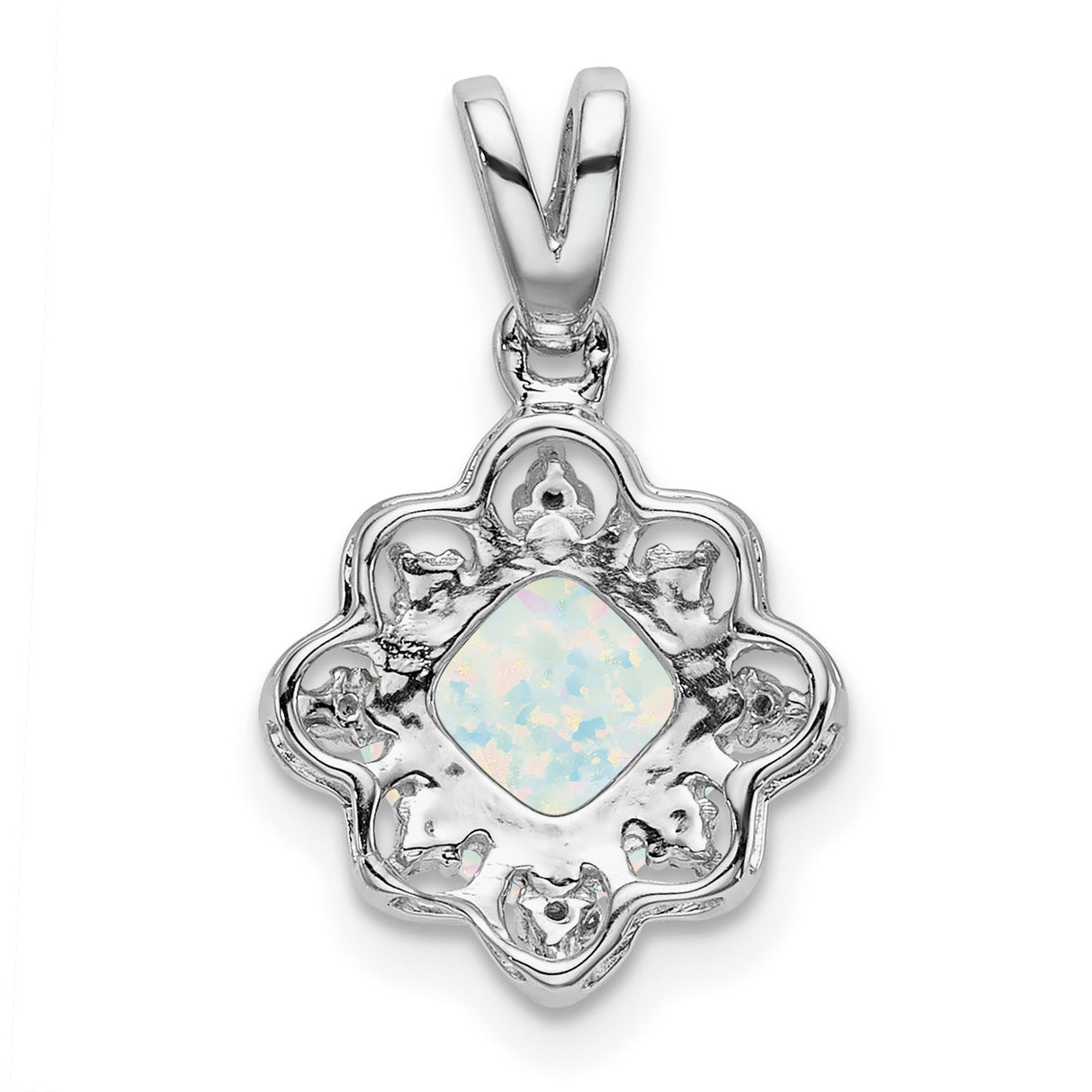 14k White Gold Pendant with Cushion Cut Lab Created Opal, Diamond Accents, Vintage Floral Filigree