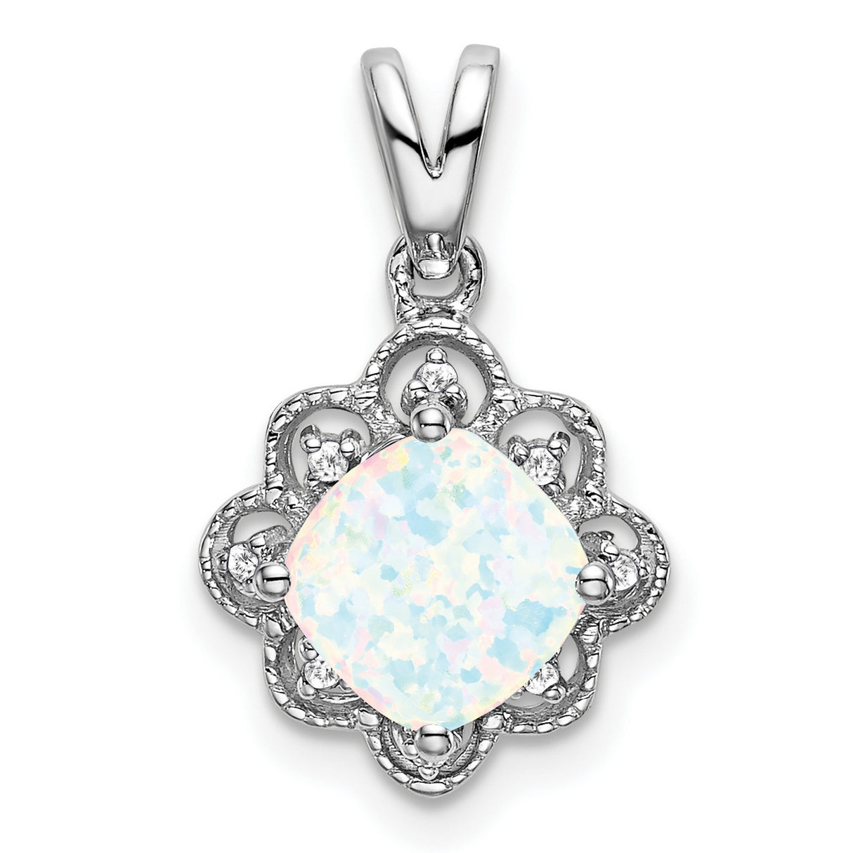 14k White Gold Pendant with Cushion Cut Lab Created Opal, Diamond Accents, Vintage Floral Filigree