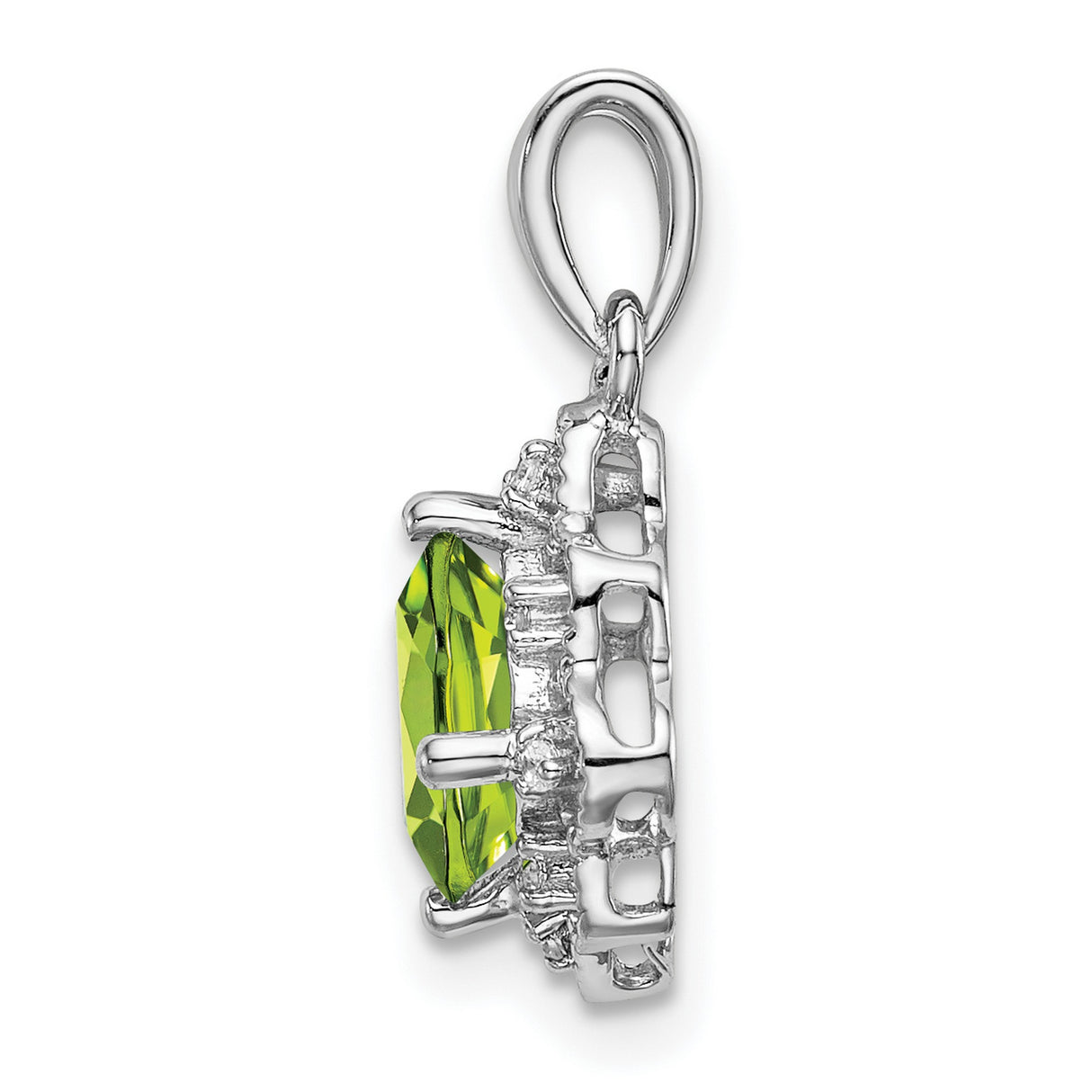 14k White Gold Pendant with Cushion Cut Peridot, Diamond Accents, Filigree Floral Design