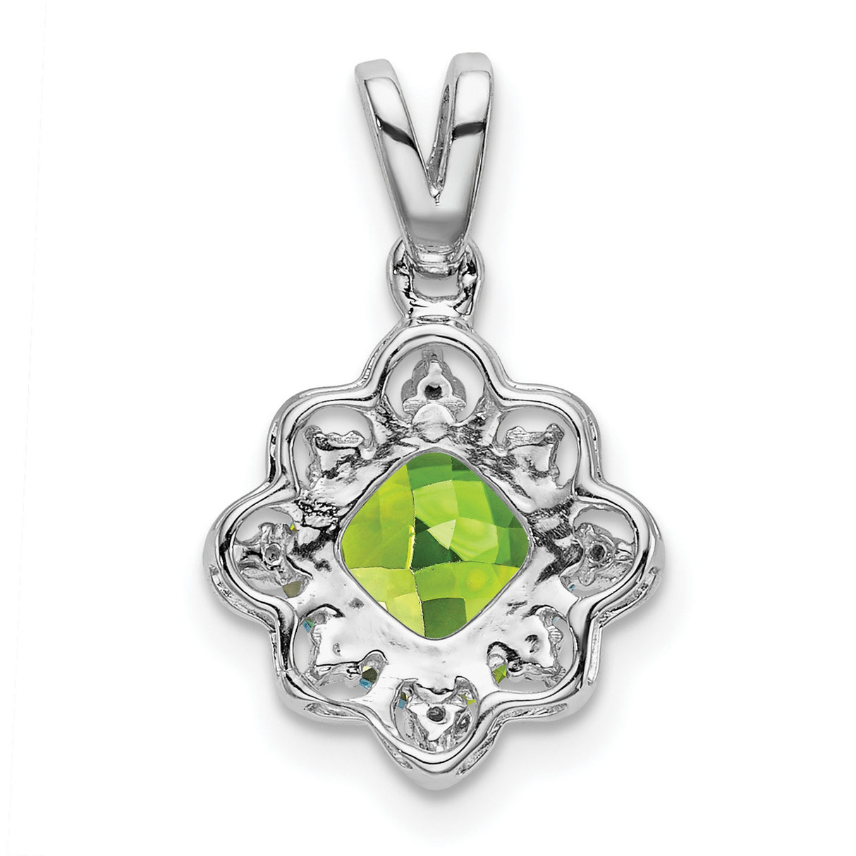 14k White Gold Pendant with Cushion Cut Peridot, Diamond Accents, Filigree Floral Design