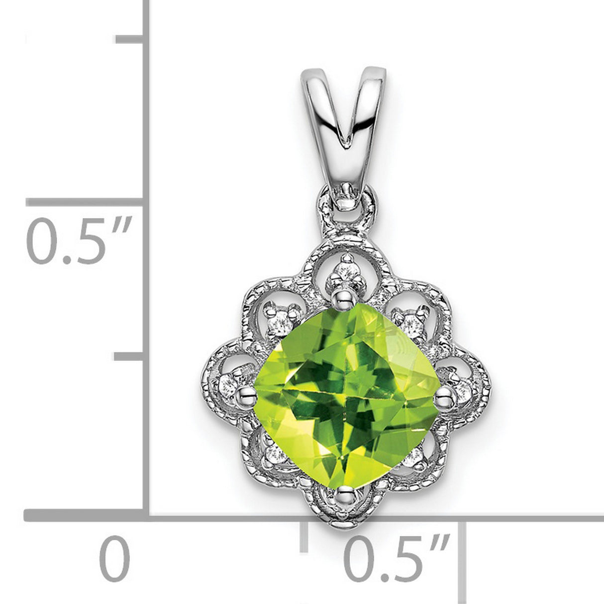 14k White Gold Pendant with Cushion Cut Peridot, Diamond Accents, Filigree Floral Design
