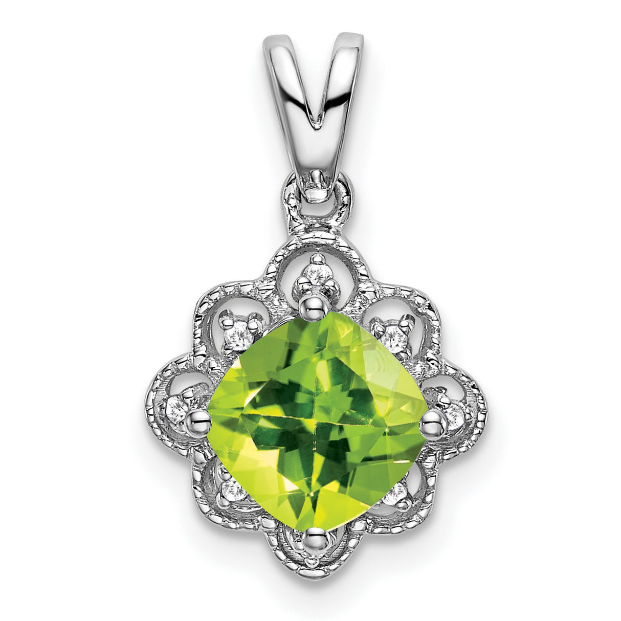 14k White Gold Pendant with Cushion Cut Peridot, Diamond Accents, Filigree Floral Design