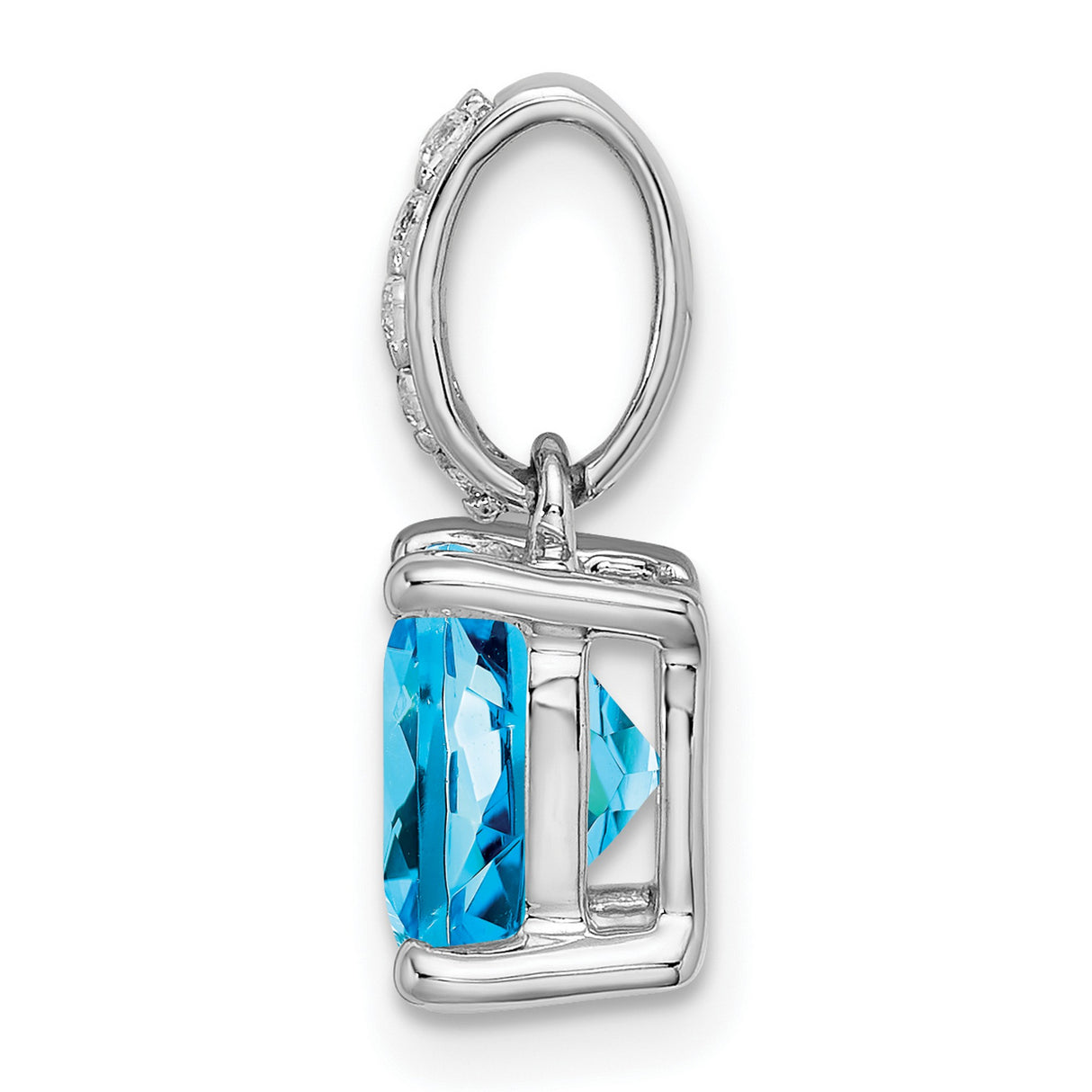14k White Gold Blue Topaz Pendant with Diamond Accent Bail, Cushion Cut December Birthstone Charm