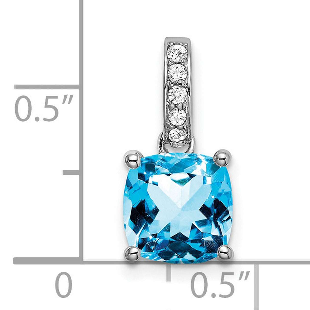 14k White Gold Blue Topaz Pendant with Diamond Accent Bail, Cushion Cut December Birthstone Charm