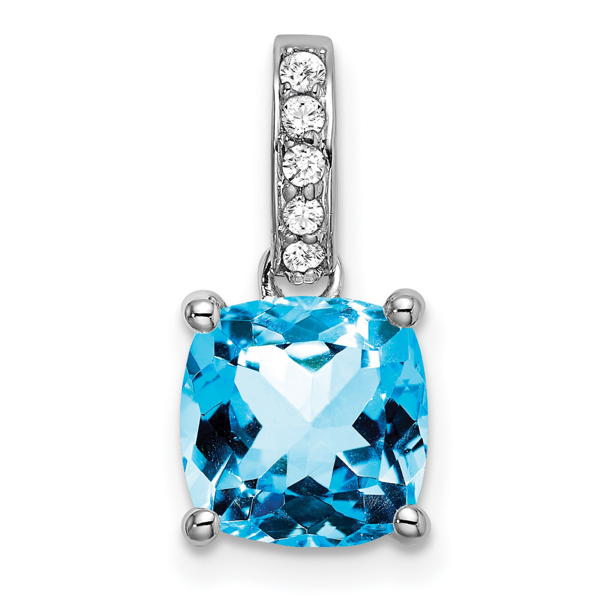 14k White Gold Blue Topaz Pendant with Diamond Accent Bail, Cushion Cut December Birthstone Charm