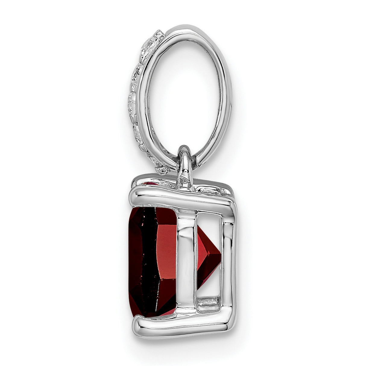 14k White Gold Pendant with Cushion Cut Garnet and Diamond Bail, January Birthstone Jewelry