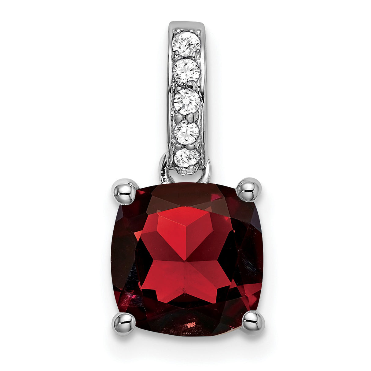 14k White Gold Pendant with Cushion Cut Garnet and Diamond Bail, January Birthstone Jewelry