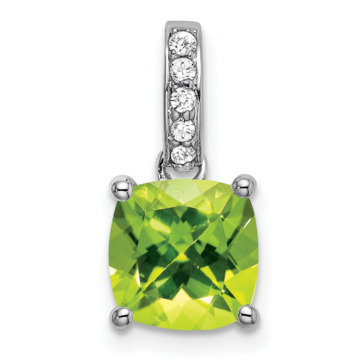 14k White Gold Pendant with Cushion Cut Peridot and Diamond Accents, Modern August Birthstone Design