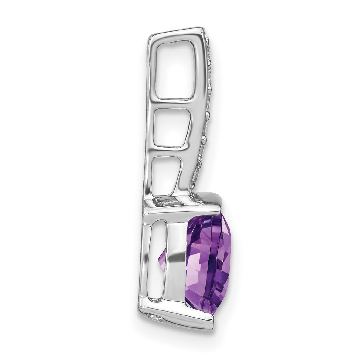 14k White Gold Pendant with Cushion Cut Amethyst and Vertical Diamond Accents