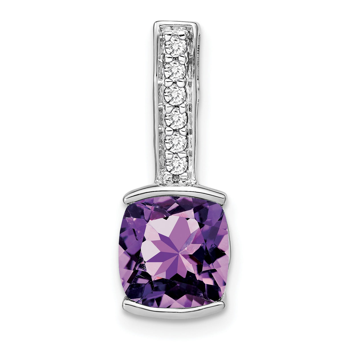 14k White Gold Pendant with Cushion Cut Amethyst and Vertical Diamond Accents